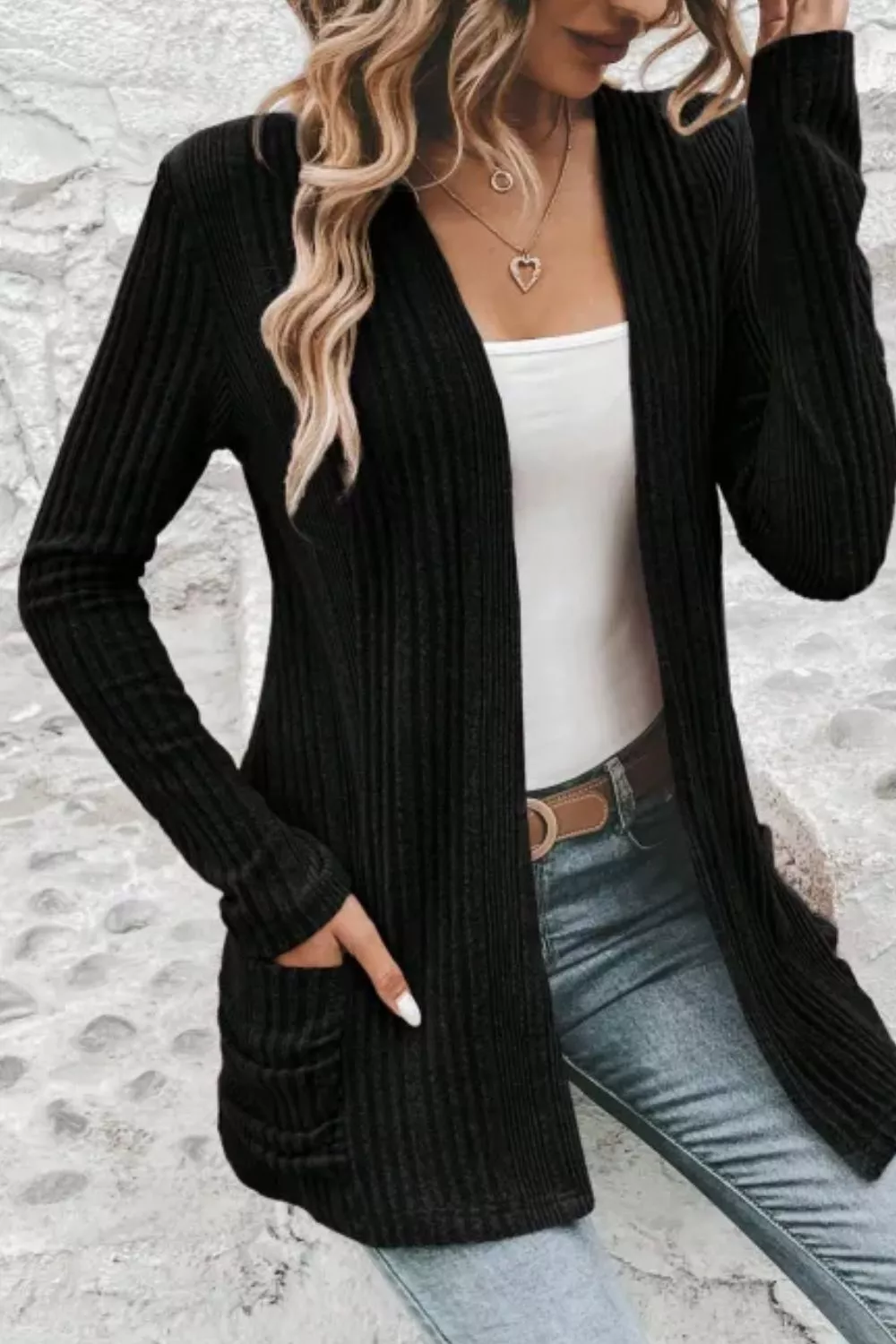 Ribbed Knit Open Front Cardigan with Pockets, image 9