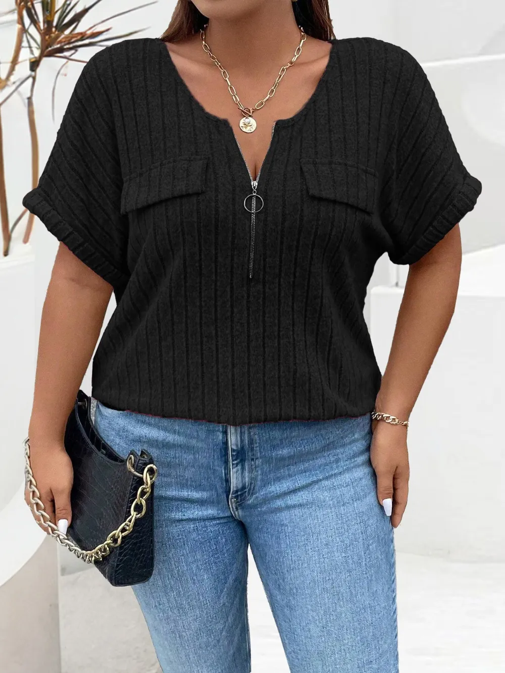 Plus Size Half Zip Short Sleeve T-Shirt, image 8