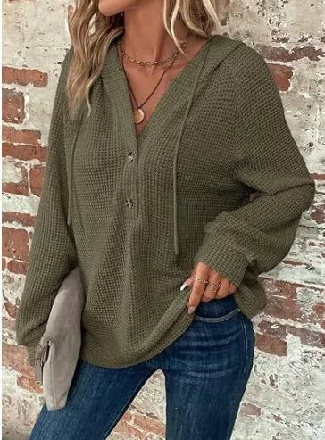 Waffle Knit Button Detail Hoodie, image 14