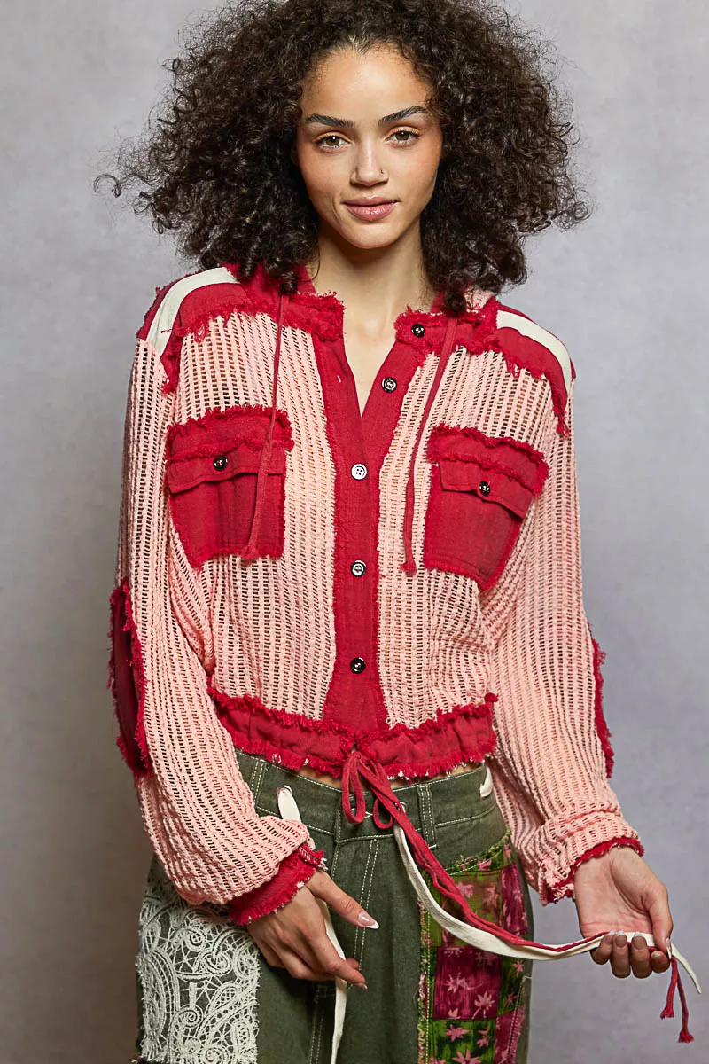 Texture Woven Button Down Hooded Shirt with Drawstring Hem, image 2