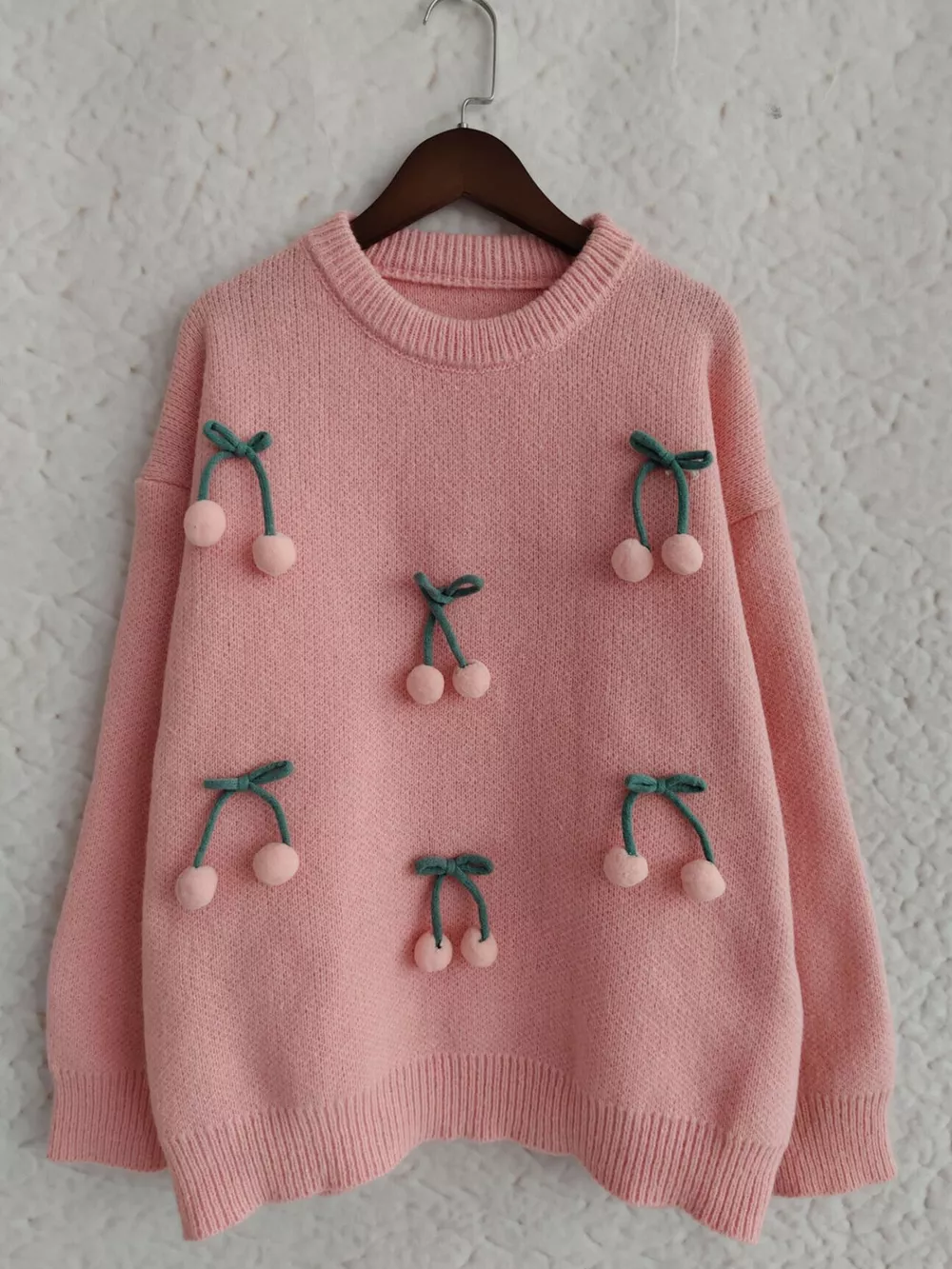 Cherry Pom-Pom Knit Round Neck Sweater, image 4