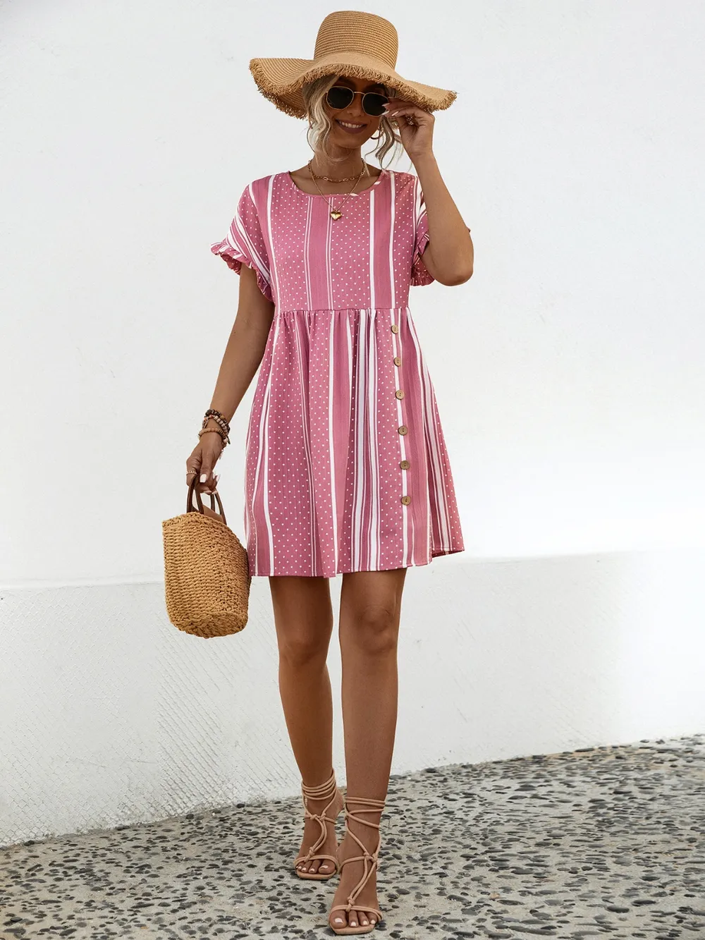 Striped Polka Dot Frill Short Sleeve Mini Dress, image 9