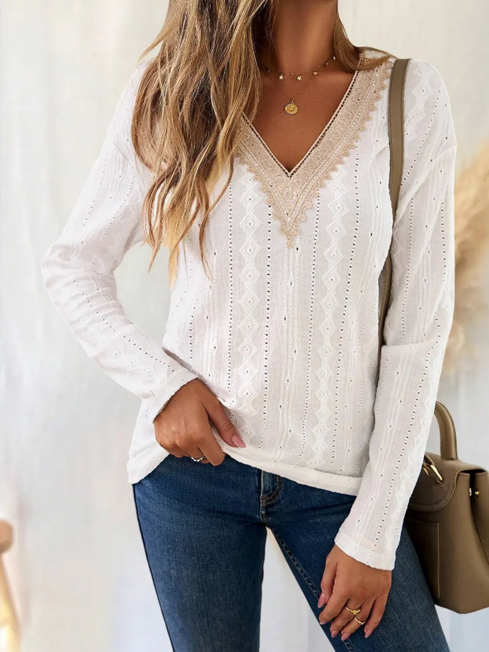 Eyelet V-Neck Dropped Shoulder T-Shirt, image 2