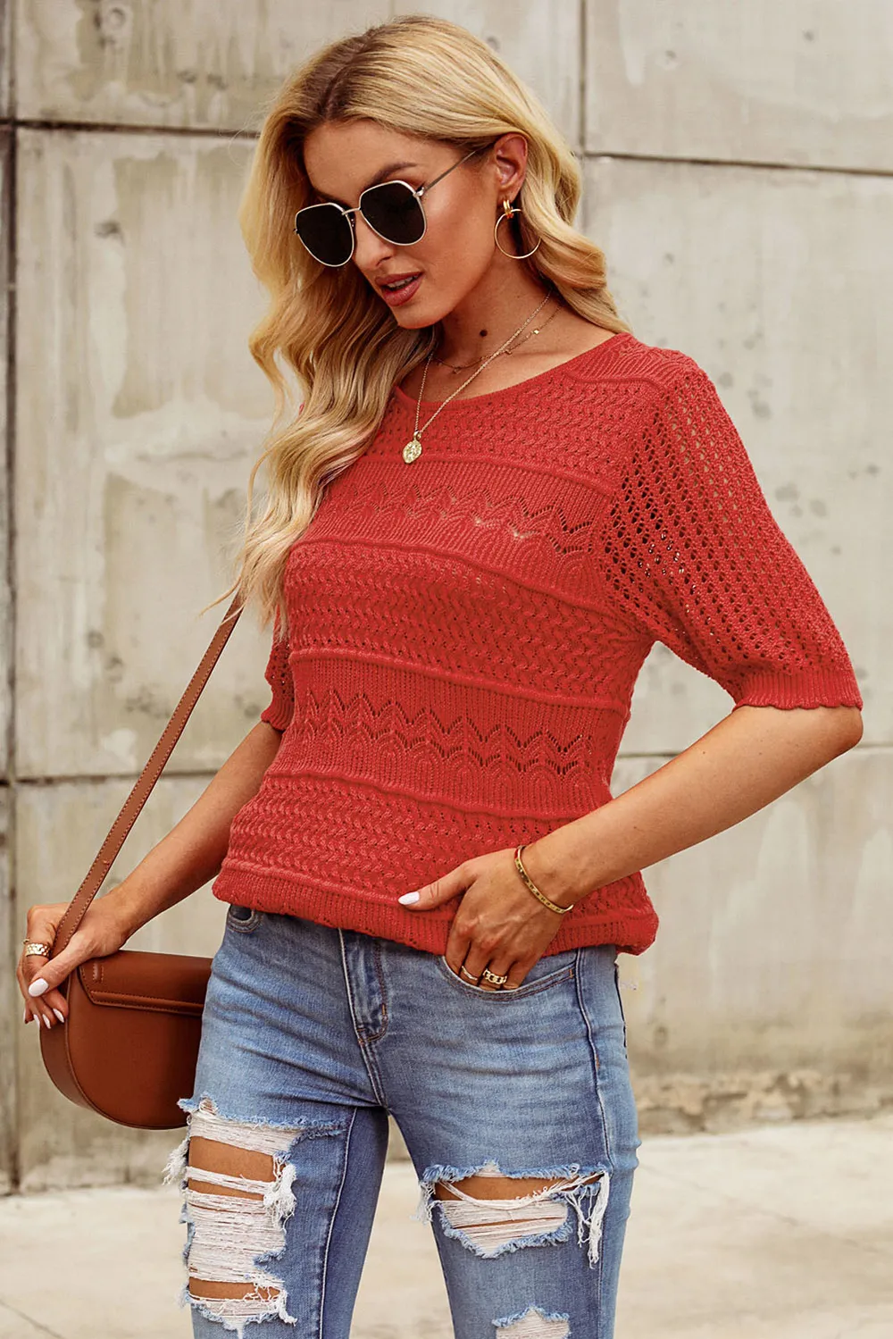 Openwork Round Neck Half Sleeve Knit Top, image 5