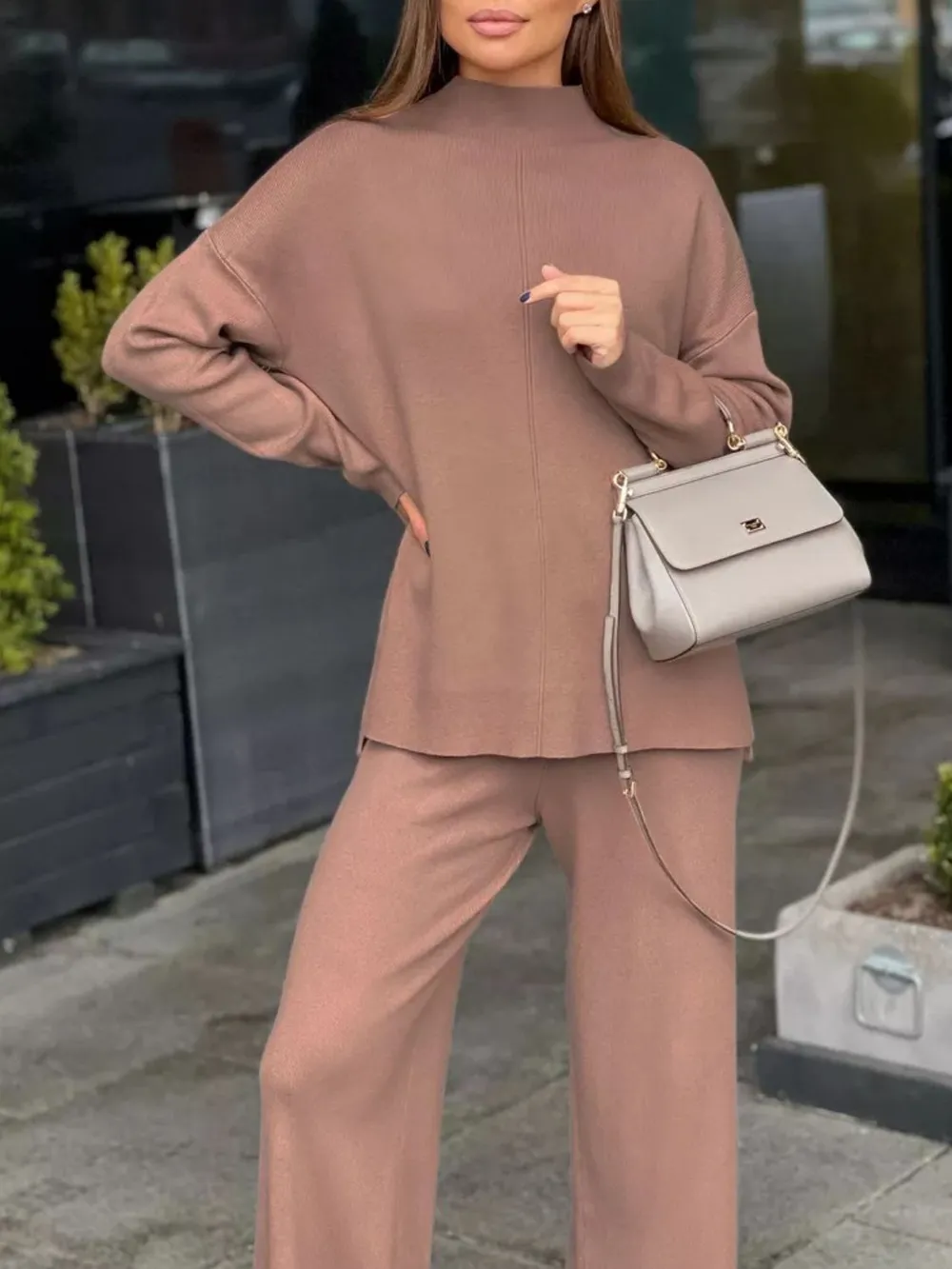 Slit Mock Neck Top and Pants Sweater Set, image 11