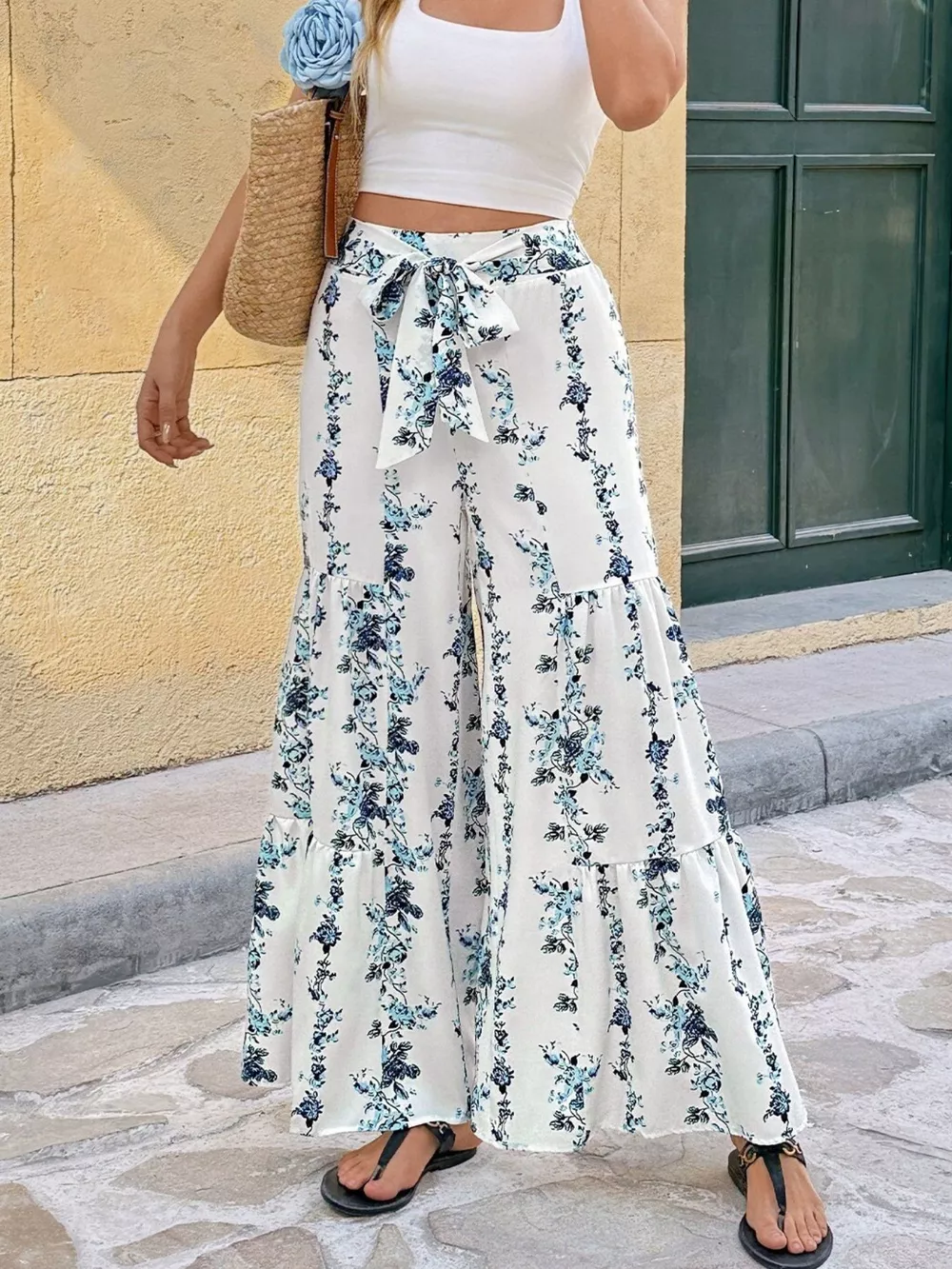 Floral Print Tie Front Wide Leg Pants, image 5