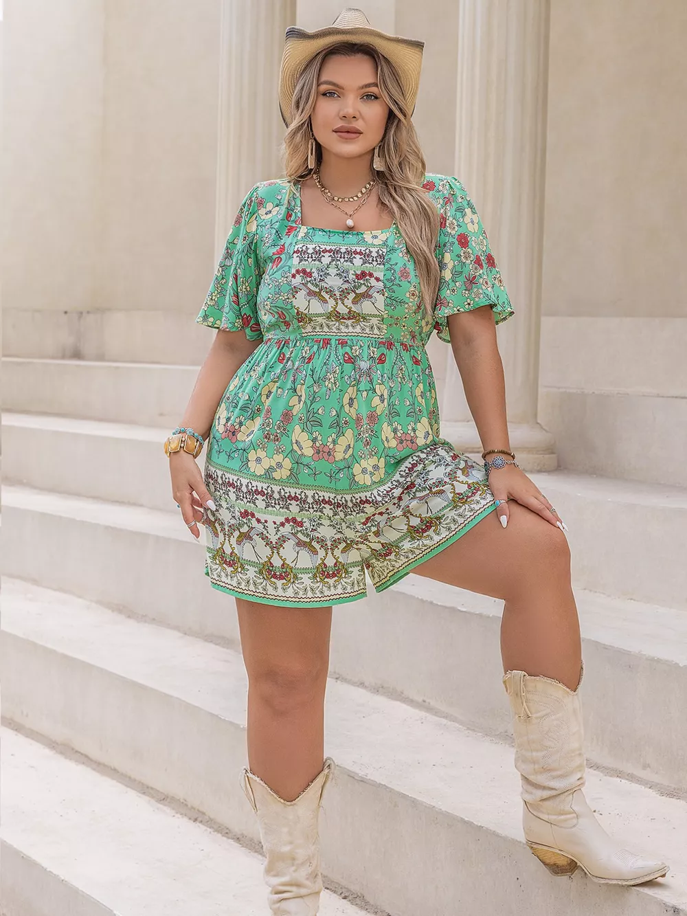 Plus Size Floral Print Square Neck Romper, image 4
