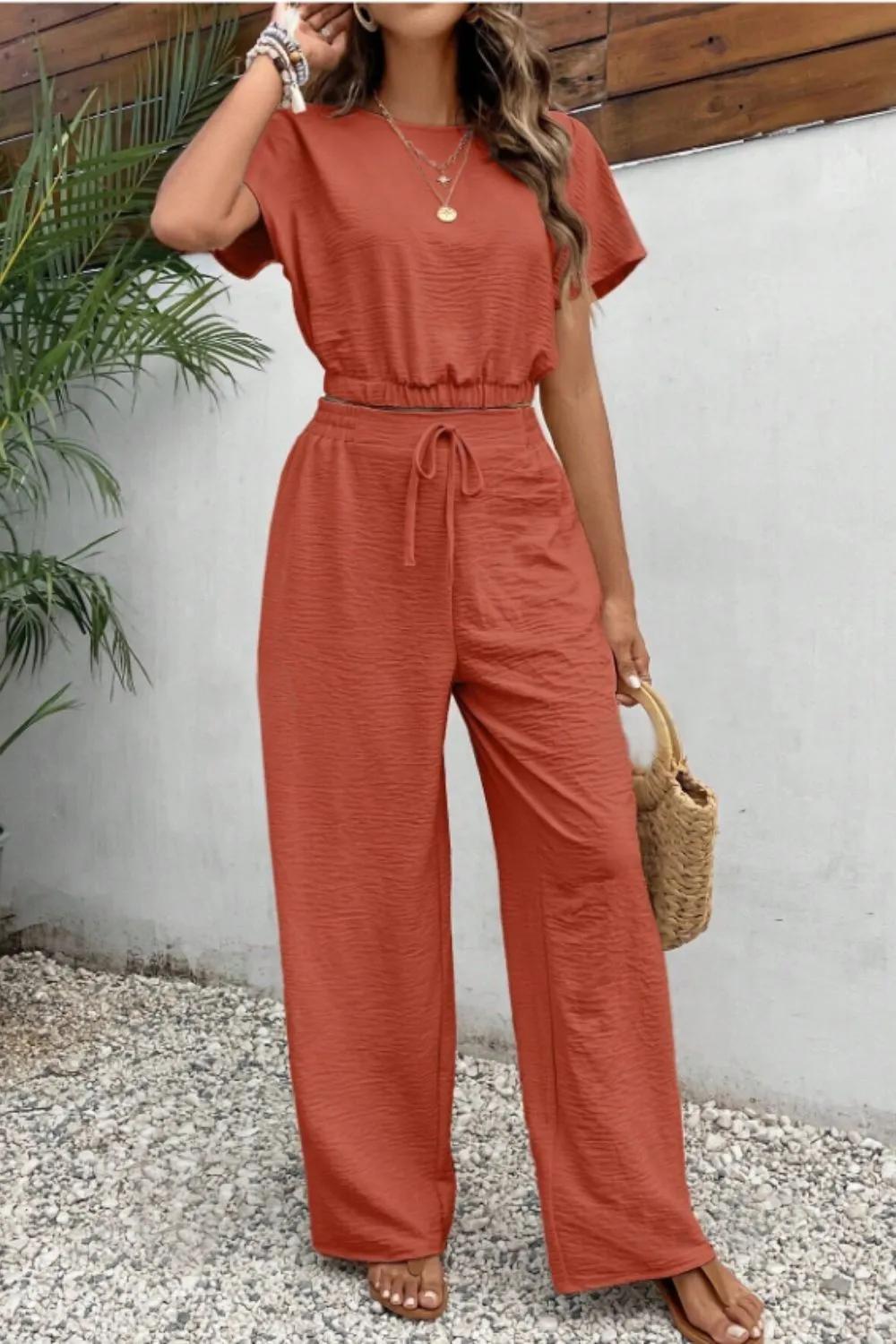 Round Neck Short Sleeve Top and Pants Set, image 14