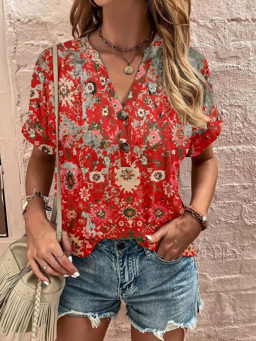 Full Size Printed Notched Short Sleeve Blouse, image 2