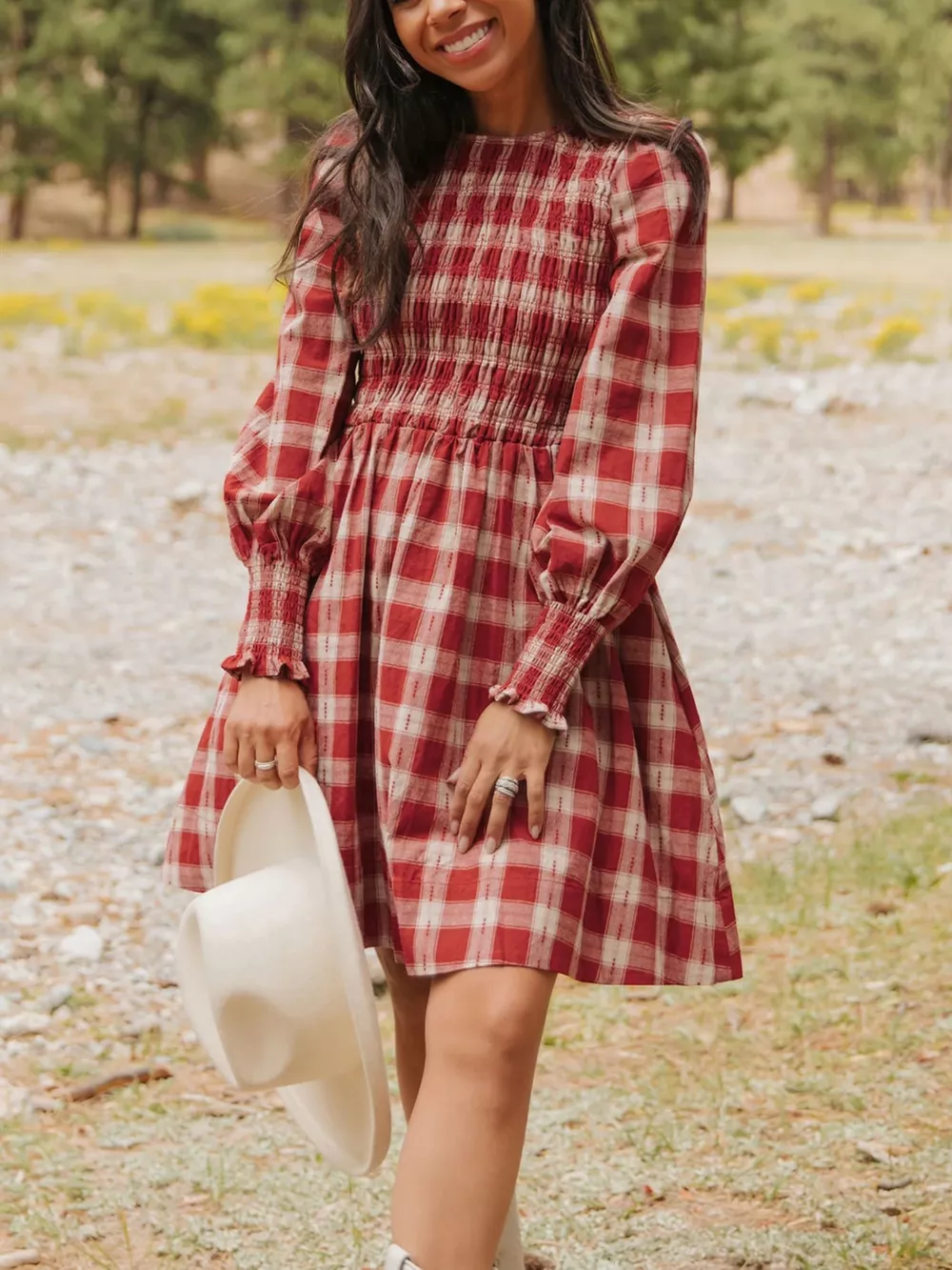 Plaid Print Smocked Puff Sleeve Mini Dress, image 8