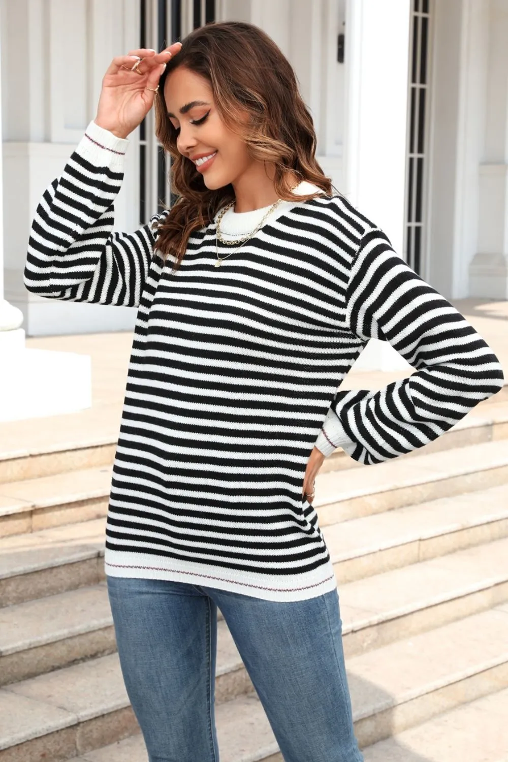 Striped Round Neck Dropped Shoulder Sweater, image 2