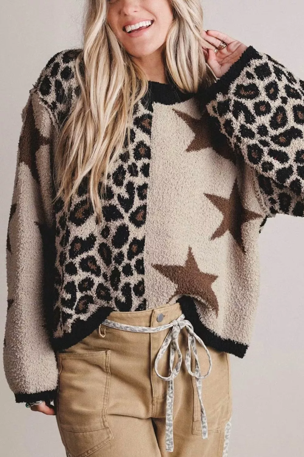 Leopard Star Pattern Round Neck Long Sleeve Shift Sweater, image 5