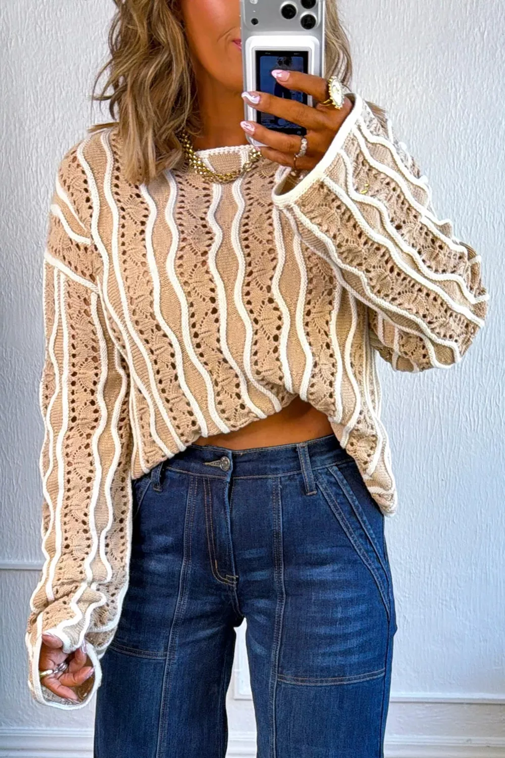 Contrast Wavy Striped Openwork Knit Top, image 2