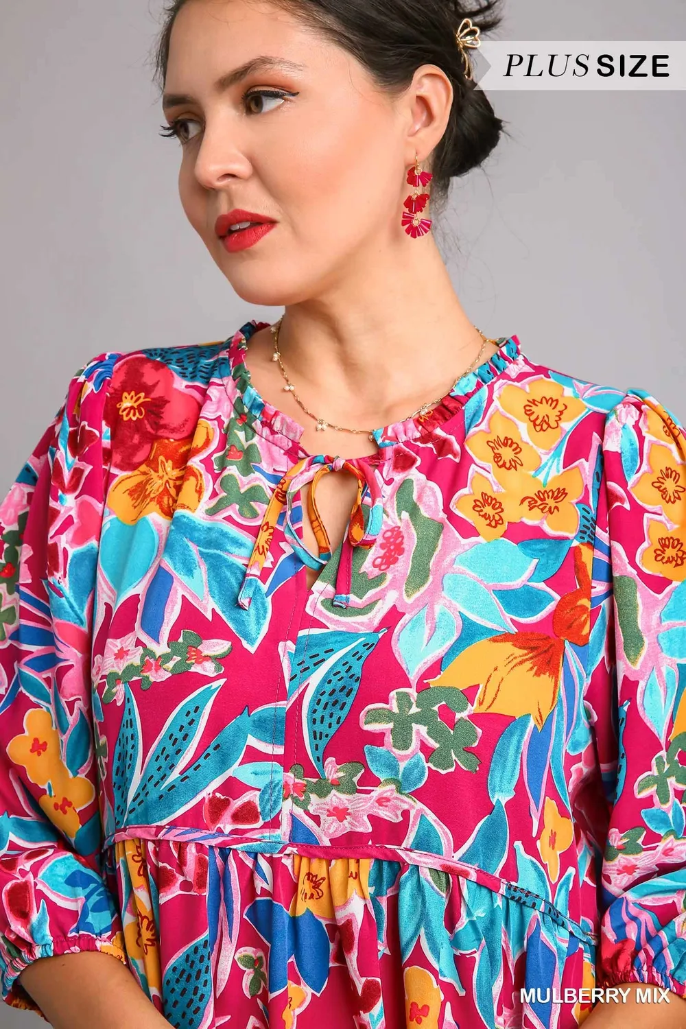Full Size Floral Print Tie Neck Midi Dress with Pockets Plus Size, image 7