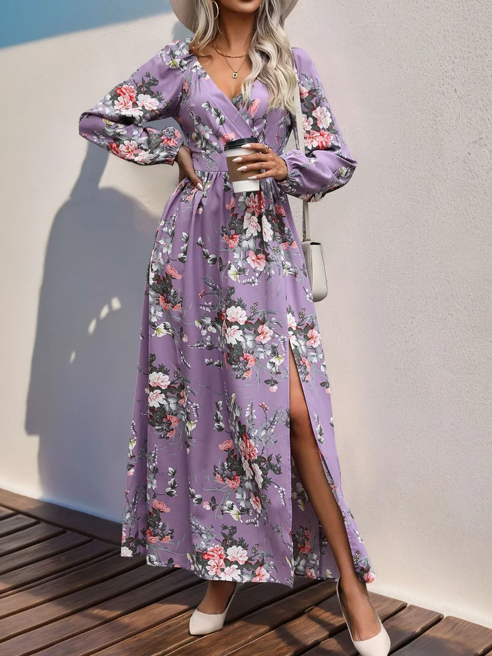 Slit Printed Surplice Long Sleeve Maxi Dress, image 7