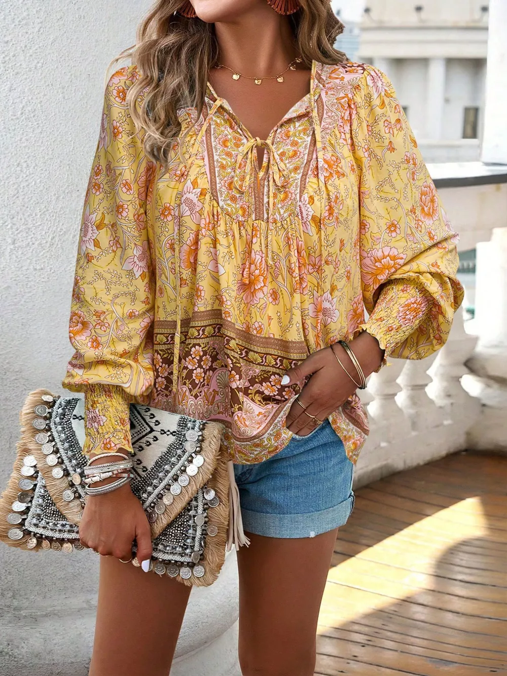 Floral Print Tie Neck Bohemian Blouse, image 19