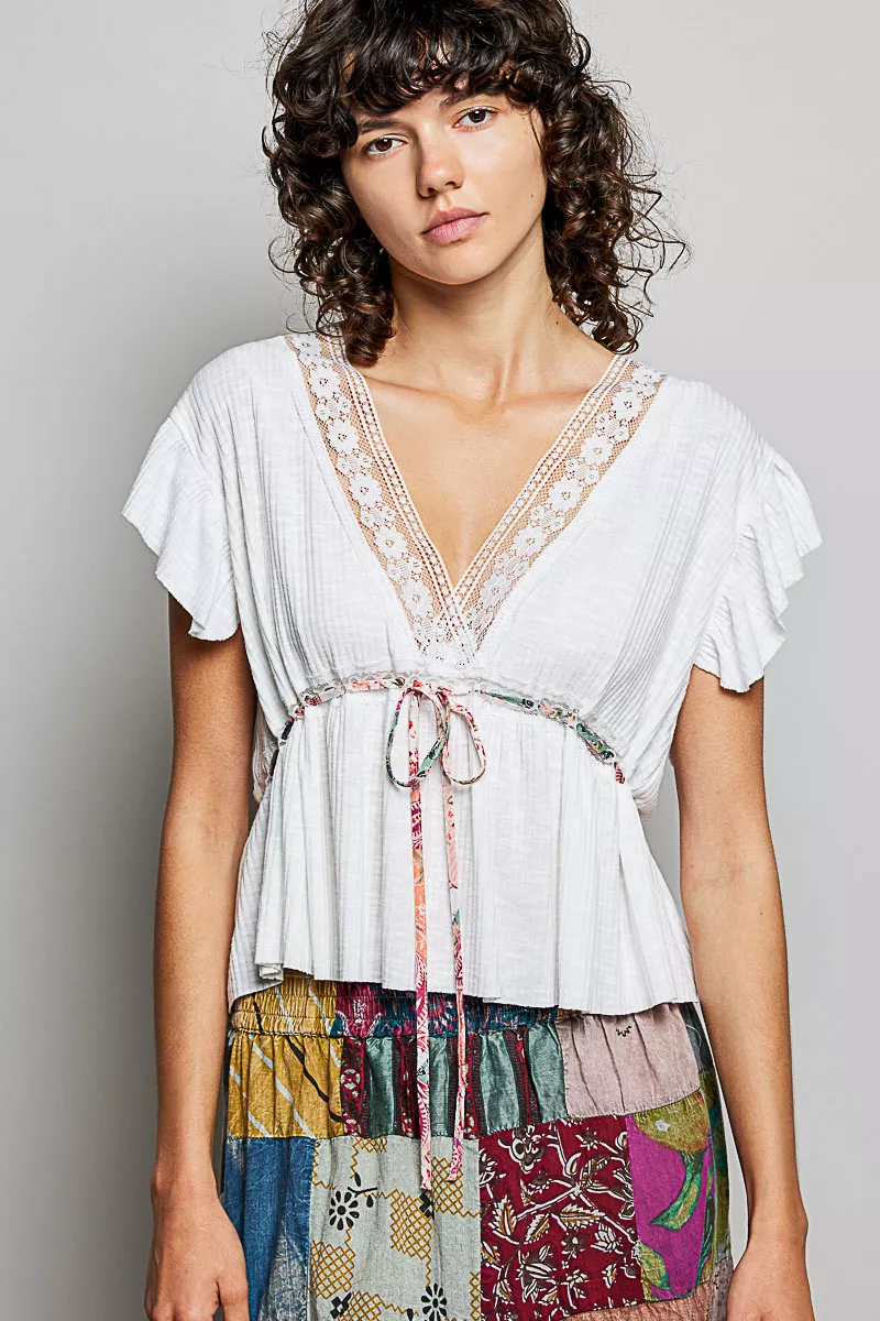 Tied Ruffled V-Neck Short Sleeve Blouse with Lace Detail, image 5