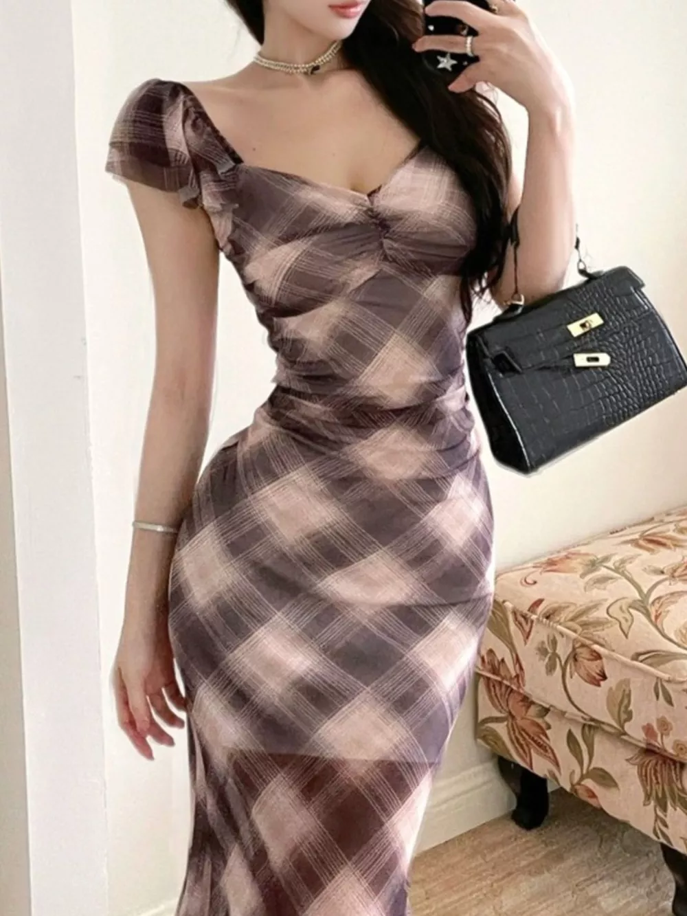 Plaid Ruffle Cap Sleeve Bodycon Maxi Dress, image 2