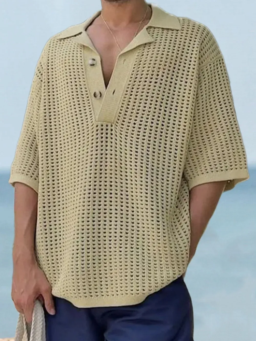 Men's Plus Size Openwork Collared Neck Quarter Button Knit Polo, image 2