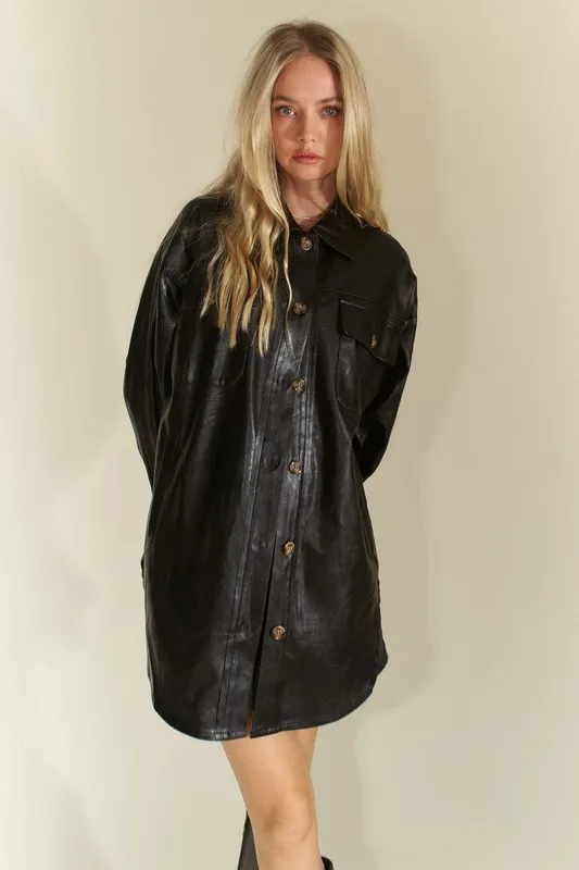 Faux Leather Button Up Jacket with Chest Pockets, image 7