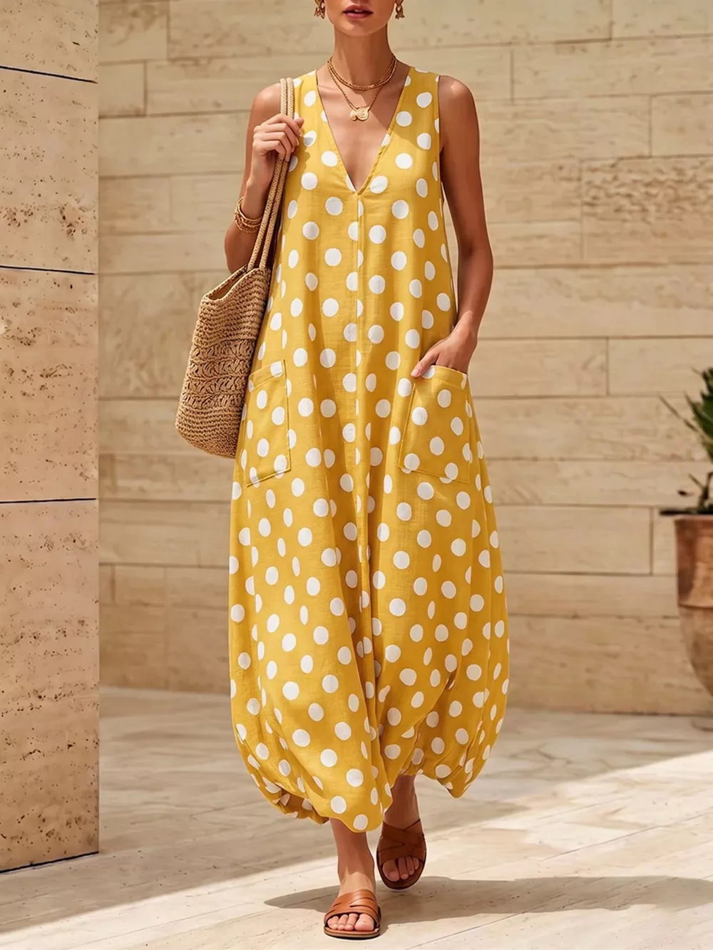 Polka Dot V-Neck Sleeveless Maxi Dress, image 6
