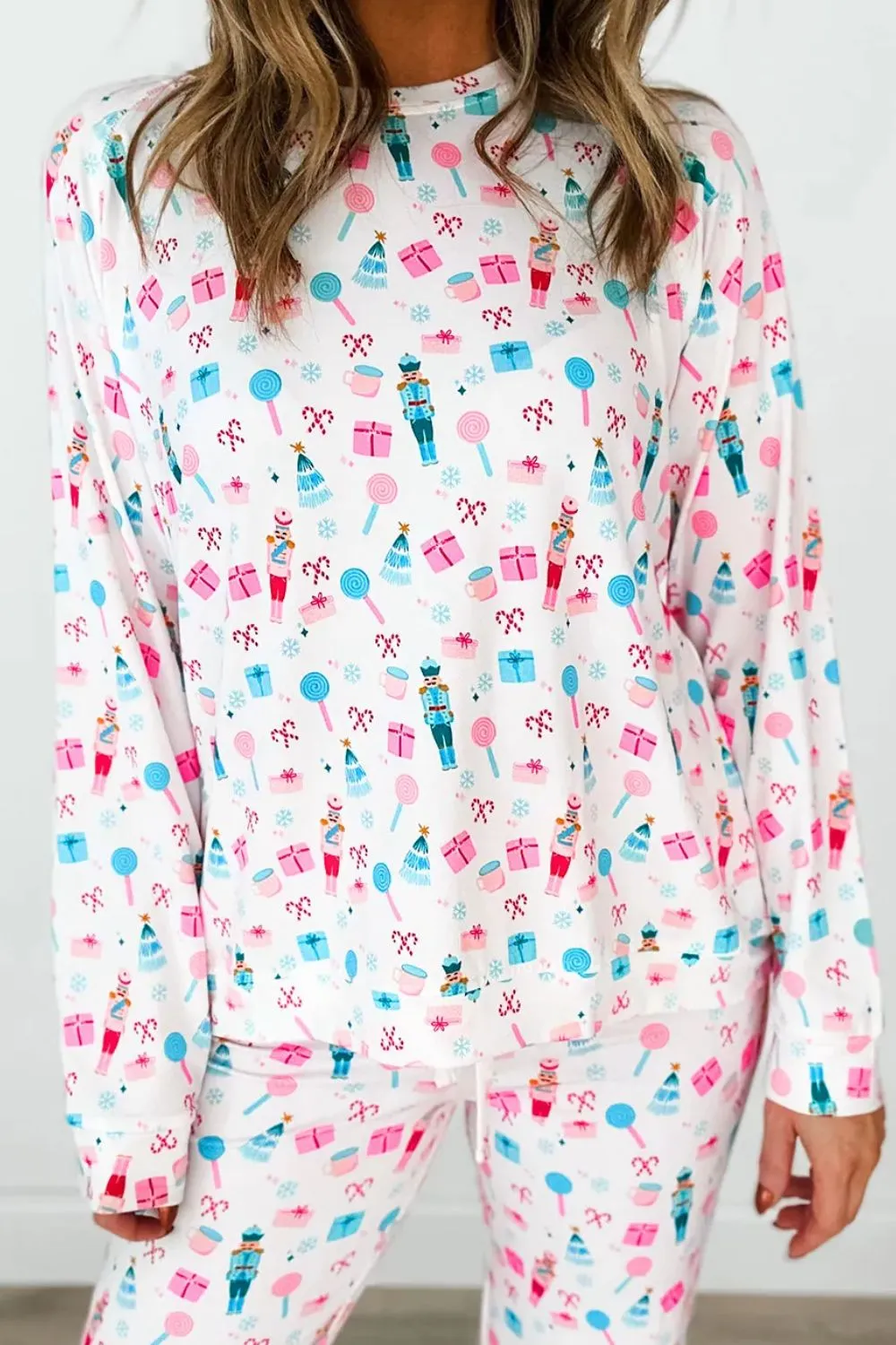 Printed Round Neck Long Sleeve Top and Pants Lounge Set, image 4