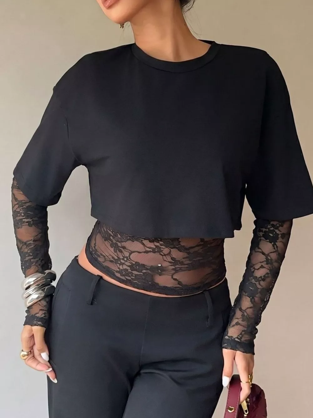 Lace Patchwork Short Sleeve T-Shirt, image 2