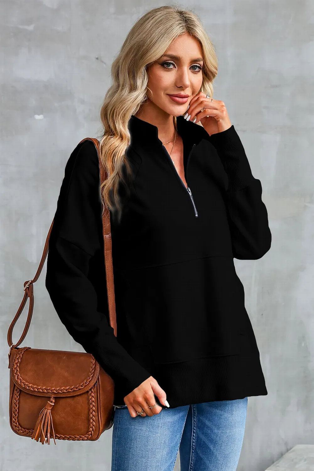 Half Zip Pocketed Dropped Shoulder Sweatshirt, image 16