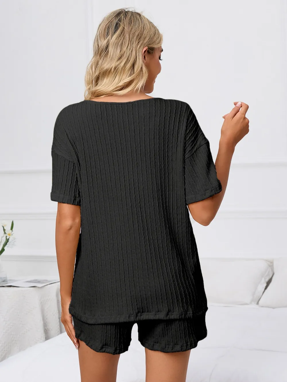 Notched Short Sleeve and Shorts Lounge Set, image 2
