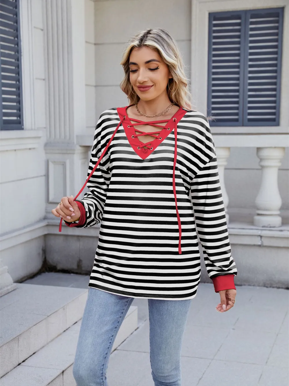 Lace-Up Striped Long Sleeve T-Shirt, image 26