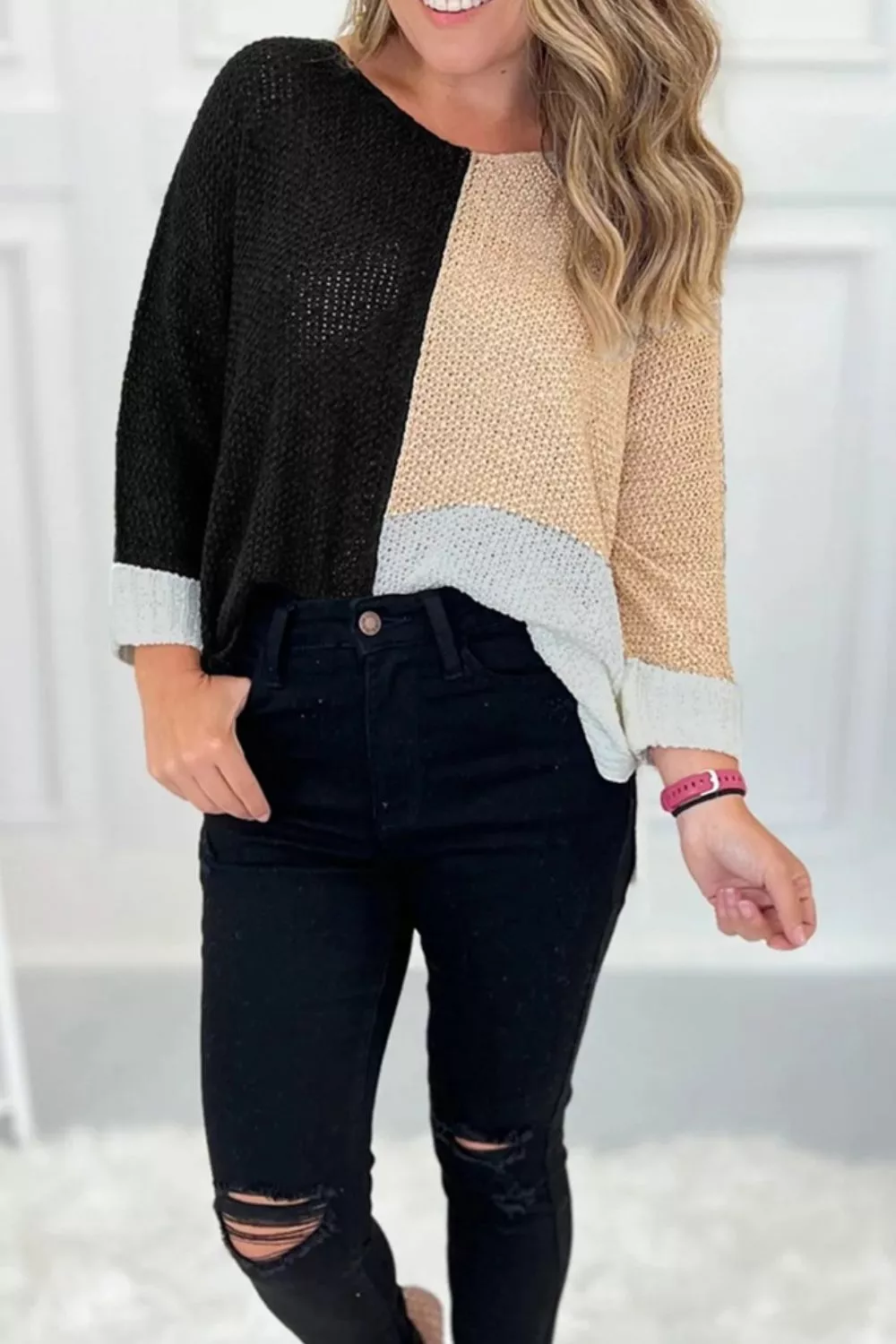 Color Block Knit V Neck Loose Sweater, image 14