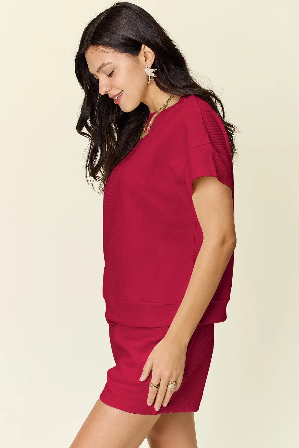 Full Size Texture Short Sleeve T-Shirt and Drawstring Shorts Set, image 29
