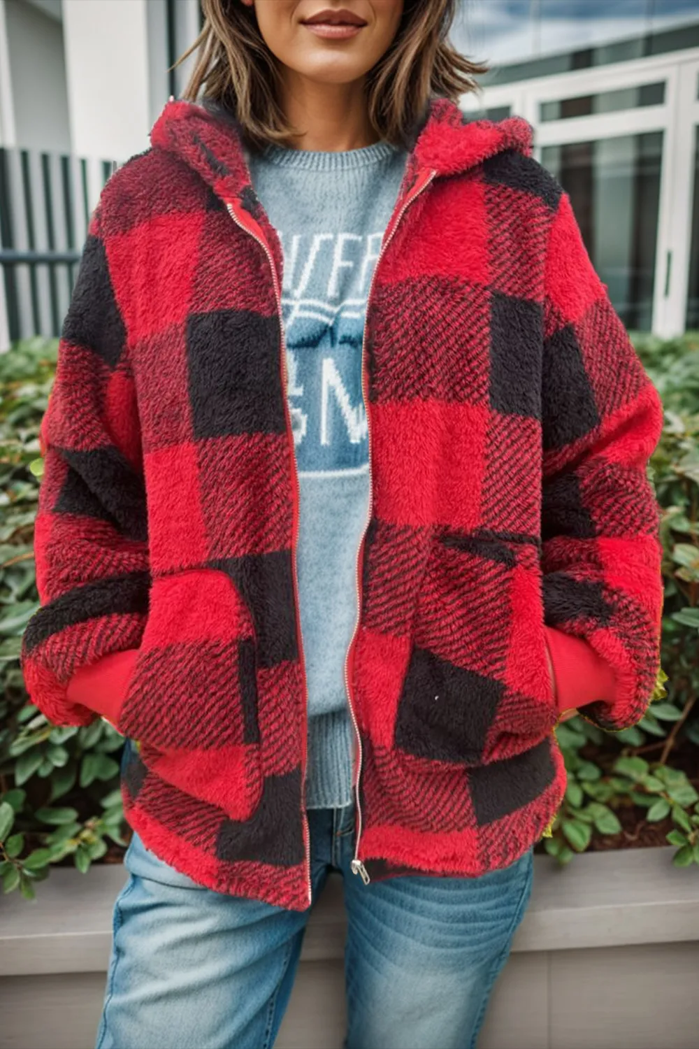 Full Size Plaid Long Sleeve Hooded Coat, image 4