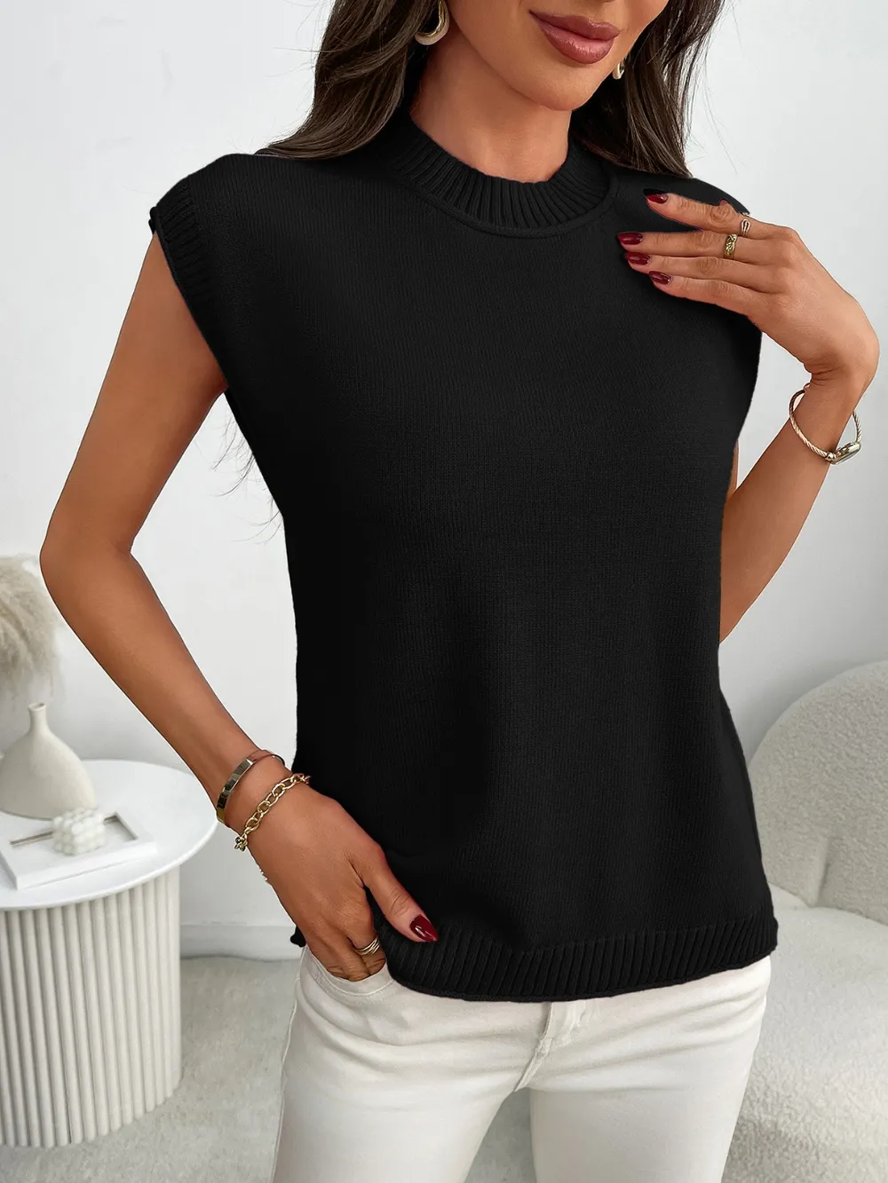 Mock Neck Cap Sleeve Knit Top, image 10