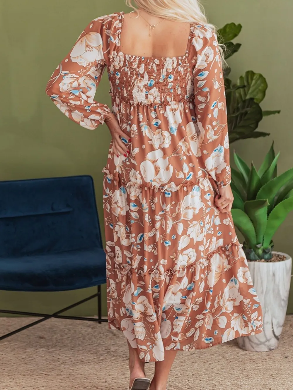 Smocked Printed Long Sleeve Tiered Dress, image 11