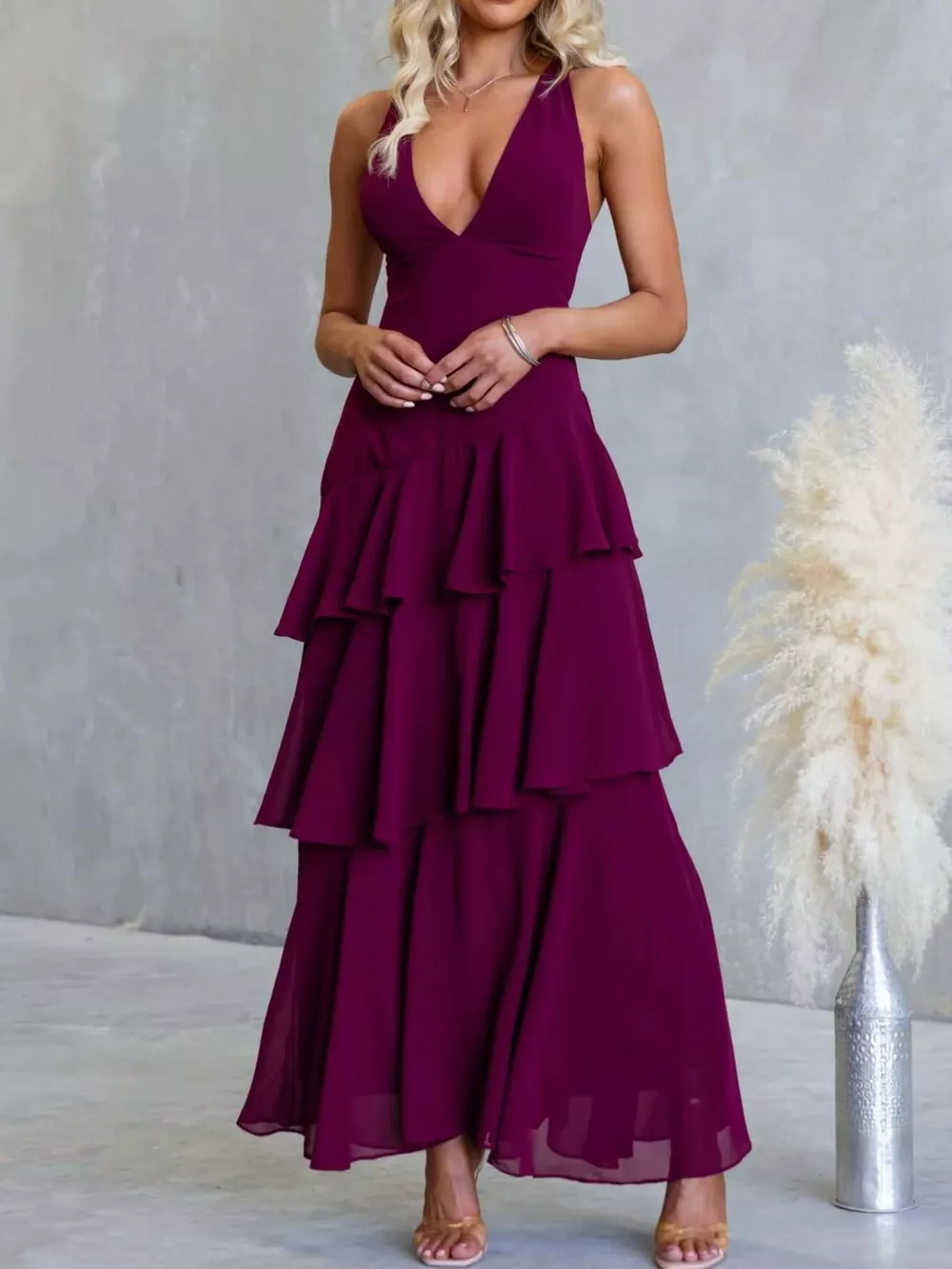 Sleeveless Ruffled Layered Backless Maxi Dress, image 15