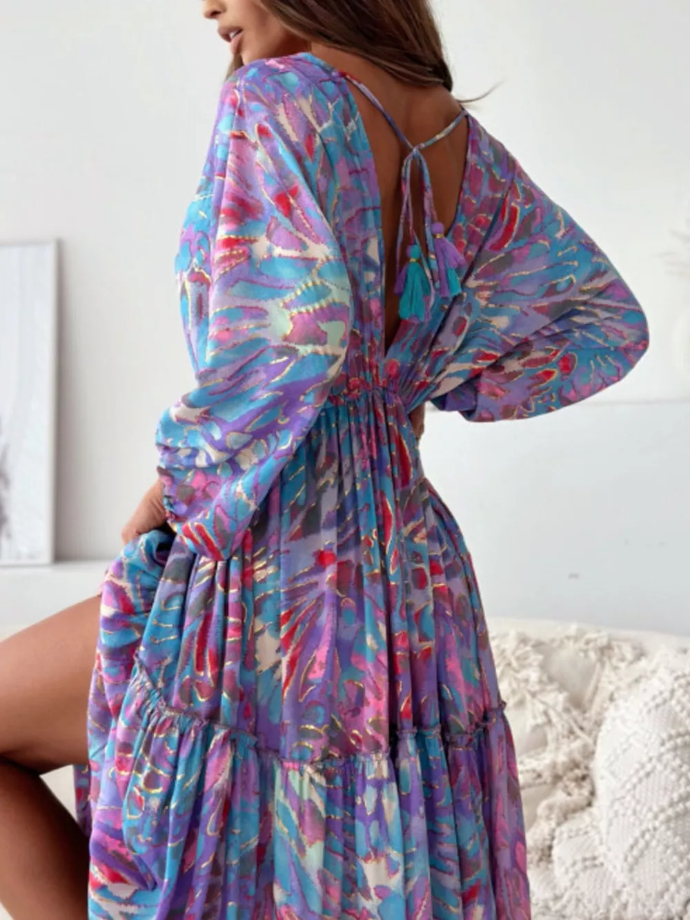 Printed V-Neck Balloon Sleeve Slit Maxi Dress, image 10
