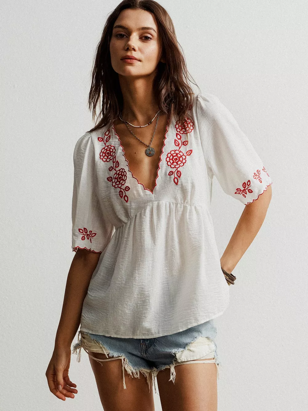 Embroidered Floral V-Neck Blouse, image 10