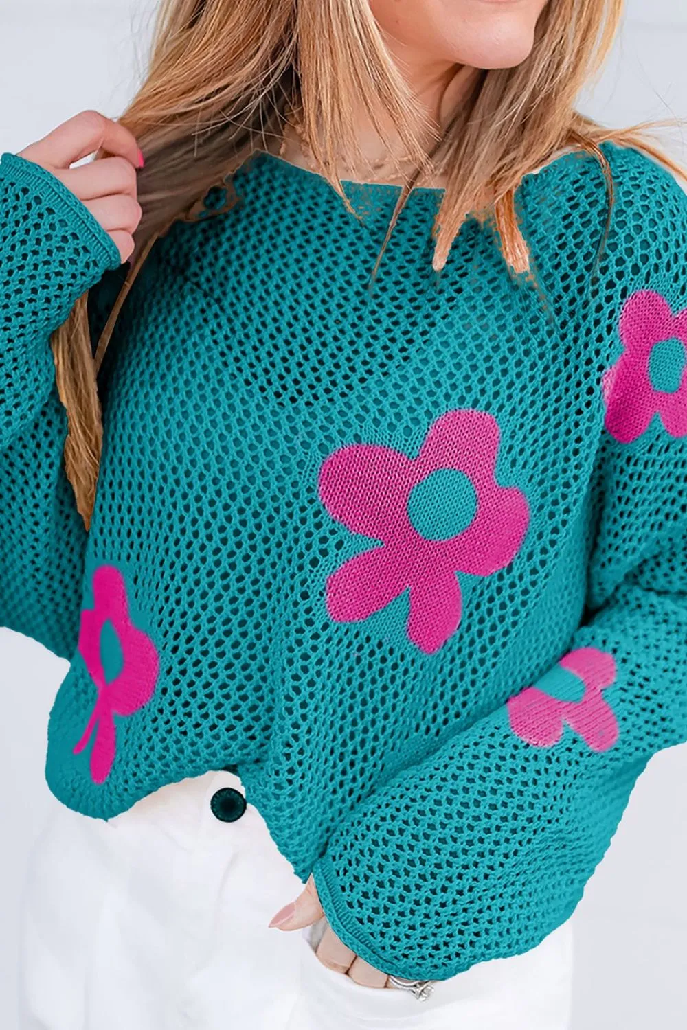 Openwork Round Neck Floral Knit Cover Up, image 17