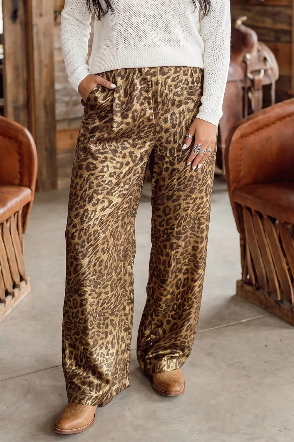 Multicolour Leopard Print Western Style Wide Leg Full Length Pants, image 3