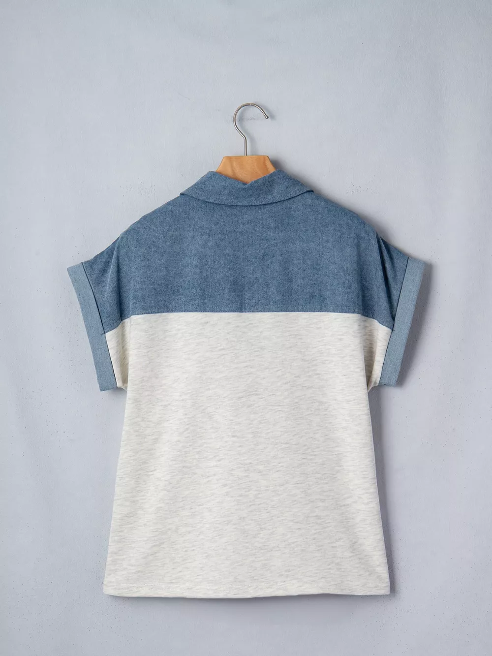 Color Block Denim Patchwork Button Polo Collar Short Sleeve Top, image 10