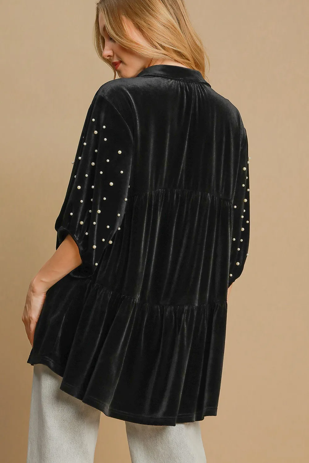 Pearl Detail Half Sleeve Velvet Babydoll Blouse, image 2