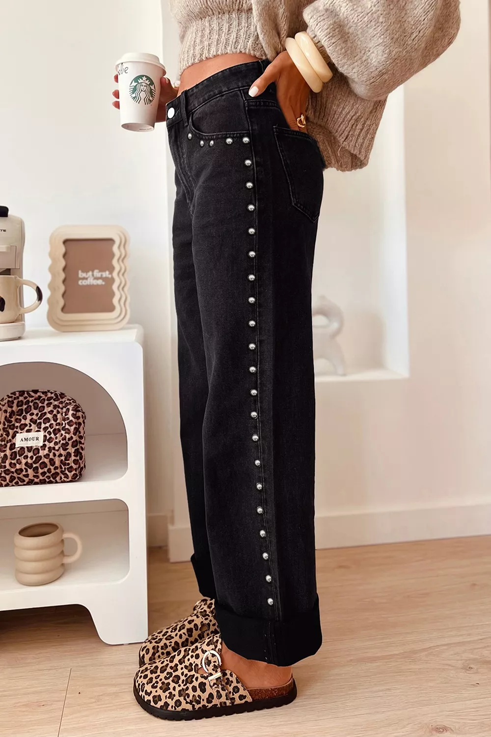 Studded Detail Straight Leg Casual Loose Jeans, image 2