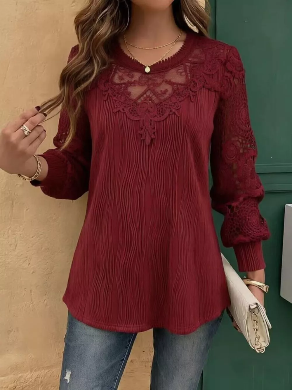 Lace Patchwork Long Sleeve Blouse, image 10