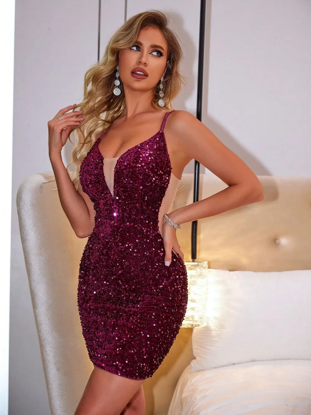 Lace-Up Sequin Plunge Sleeveless Dress, image 4