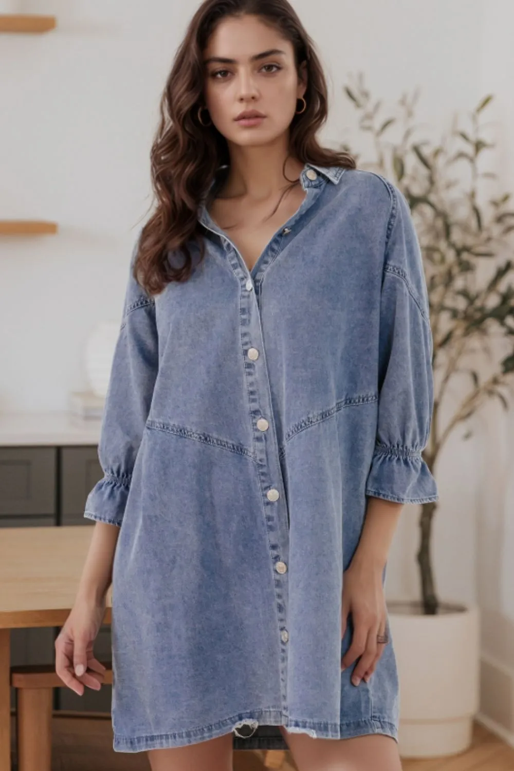 Distressed Collared Neck Flounce Sleeve Denim Dress, image 3