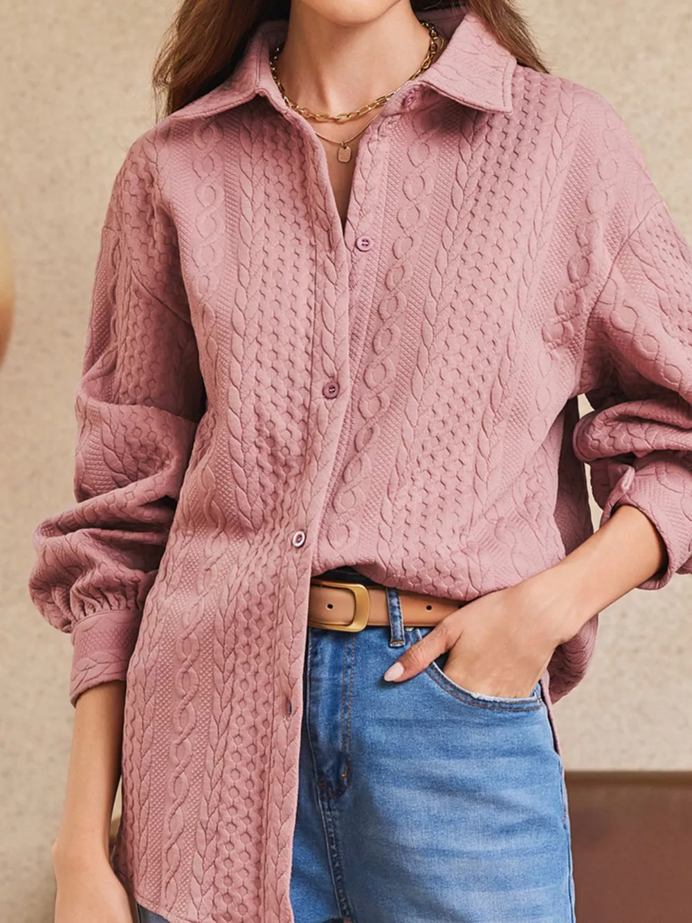 Cable Texture Puff Sleeve Loose Shacket, image 17