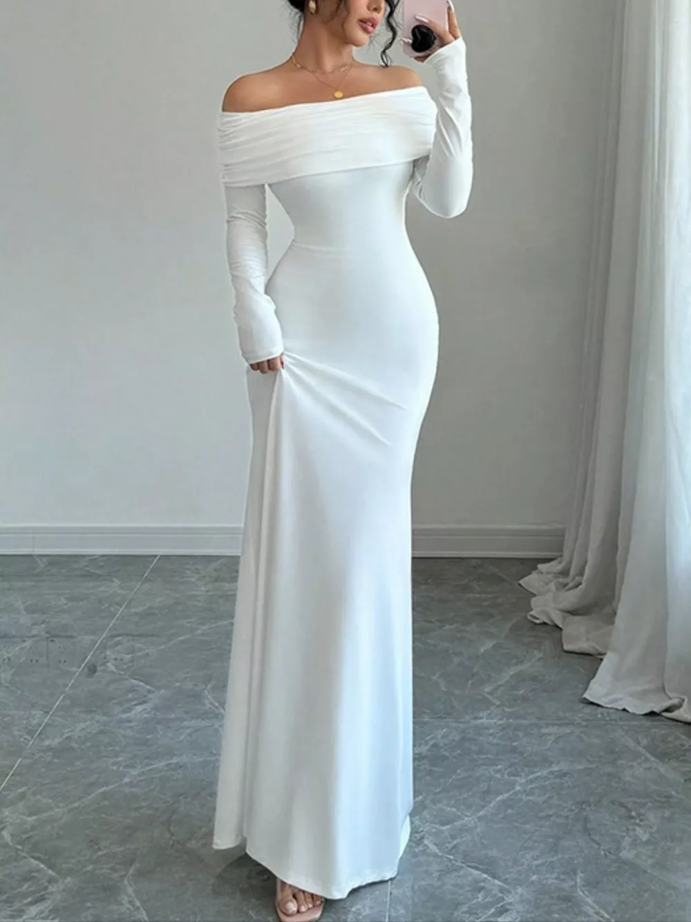 Off-Shoulder Long Sleeve Bodycon Maxi Dress, image 2