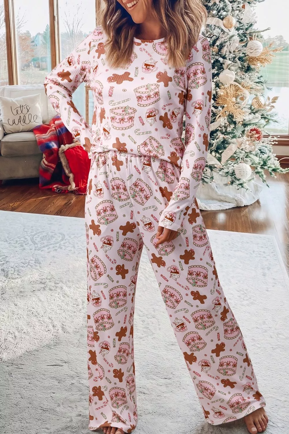 Abstract Christmas Print Long Sleeve Two Piece Lounge Set, image 3