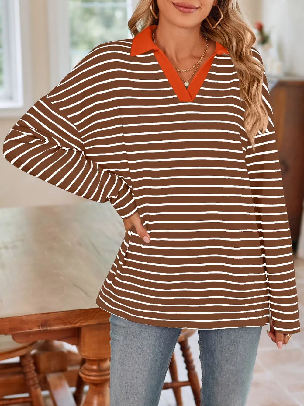 Striped Johnny Collar Long Sleeve T-Shirt, image 28
